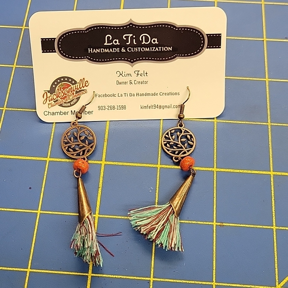 Bronze Metal Tassel Turquoise Accent Earrings 2.5"